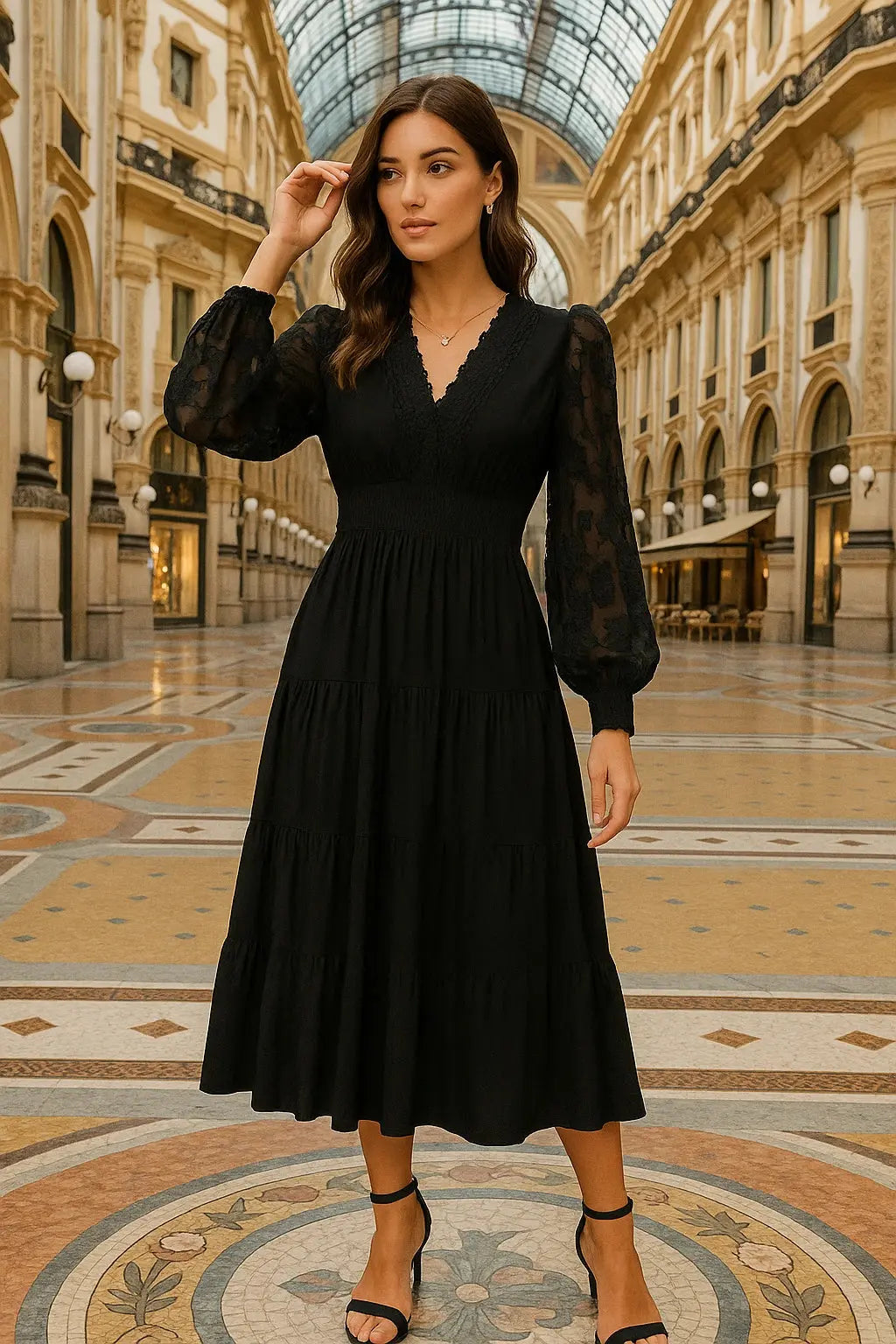 Midnight Elegance Black Midi Dress